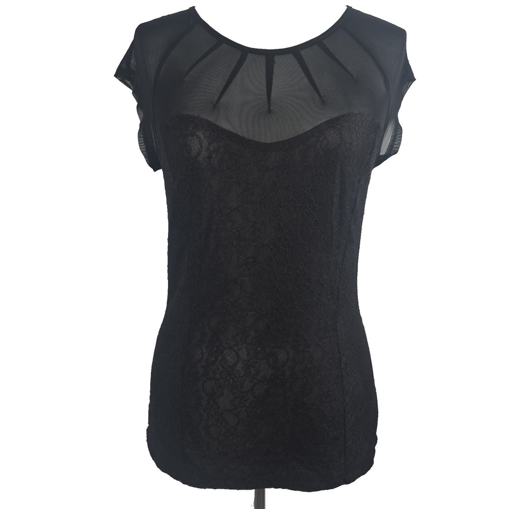 Bebe Junior Large‎ Black All Over Lace Mesh Contrast Dressy Top Blouse